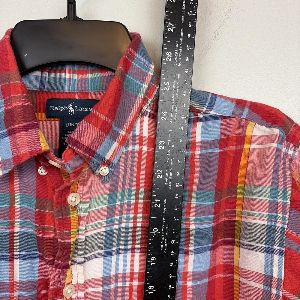Ralph Lauren Shirt Boys 16 L Red‎ Plaid Long Sleeve Button Down Cotton Pony